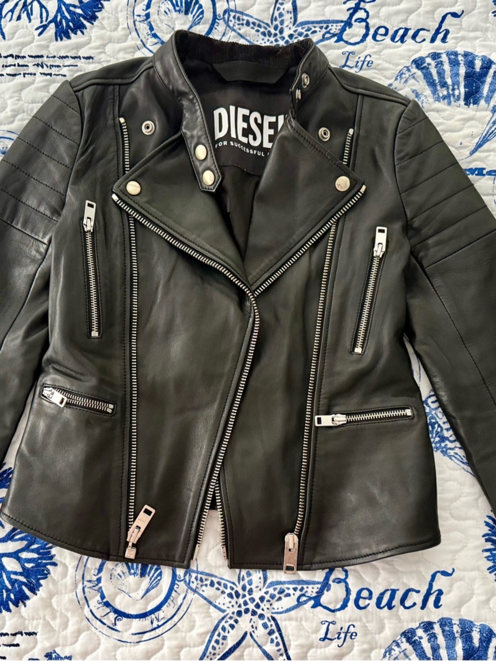 Diesel Black Leather Asymmetric Moto Jacket with Silver Hardware